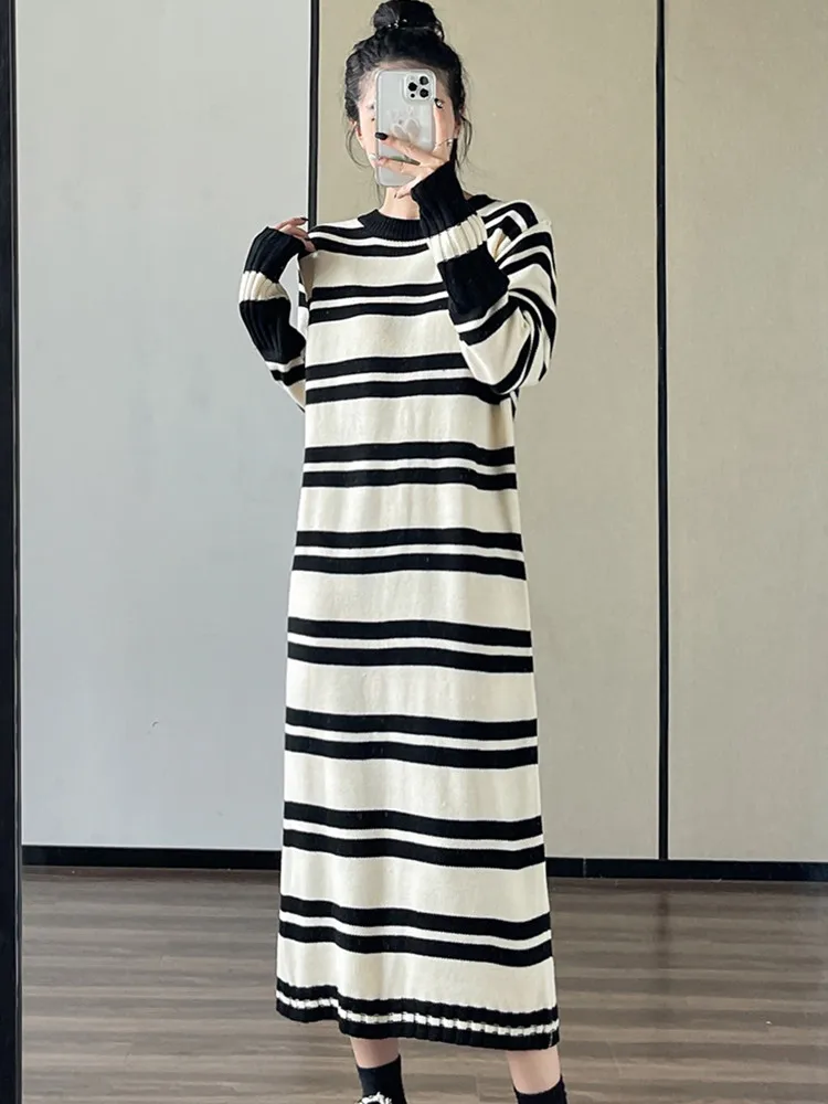 

SMTHMA Новое модное корейское Полосатое трикотажное платье для женщин с круглым вырезом и длинными рукавами средней длины платья-свитера женская одежда