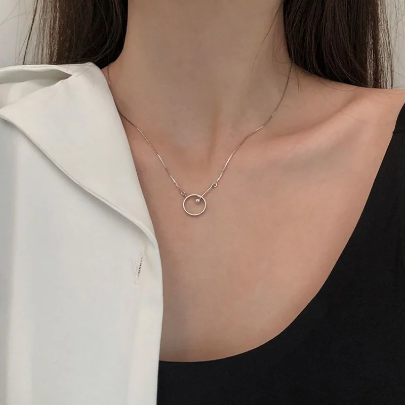 

925 Sterling Silver Geometric Ring Necklace Simple Temperament Box Chain Sweater Chain Woman Engagement Jewelry Party Gift