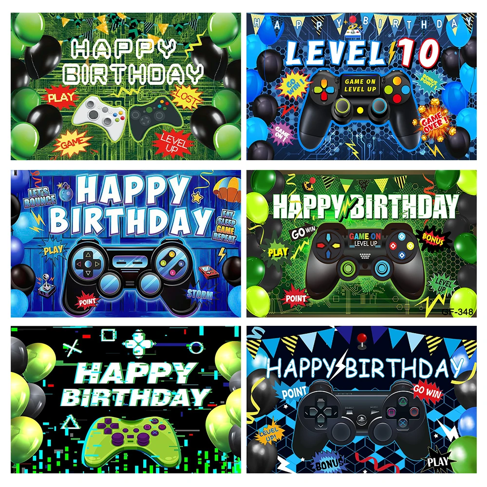 

Play Games Gamepad Happy Birthday Party Balloons Video Game Theme Comic Poster Portrait Photo Background Photography Backdrop