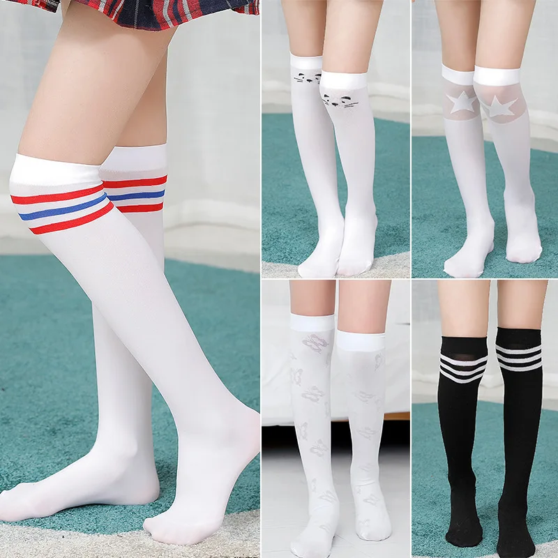 

3-12Y Spring Summer Girls Cute Student School Thick Socks Kid Stockings Children Velvet Knee High Long Solid White Stripe Thighs