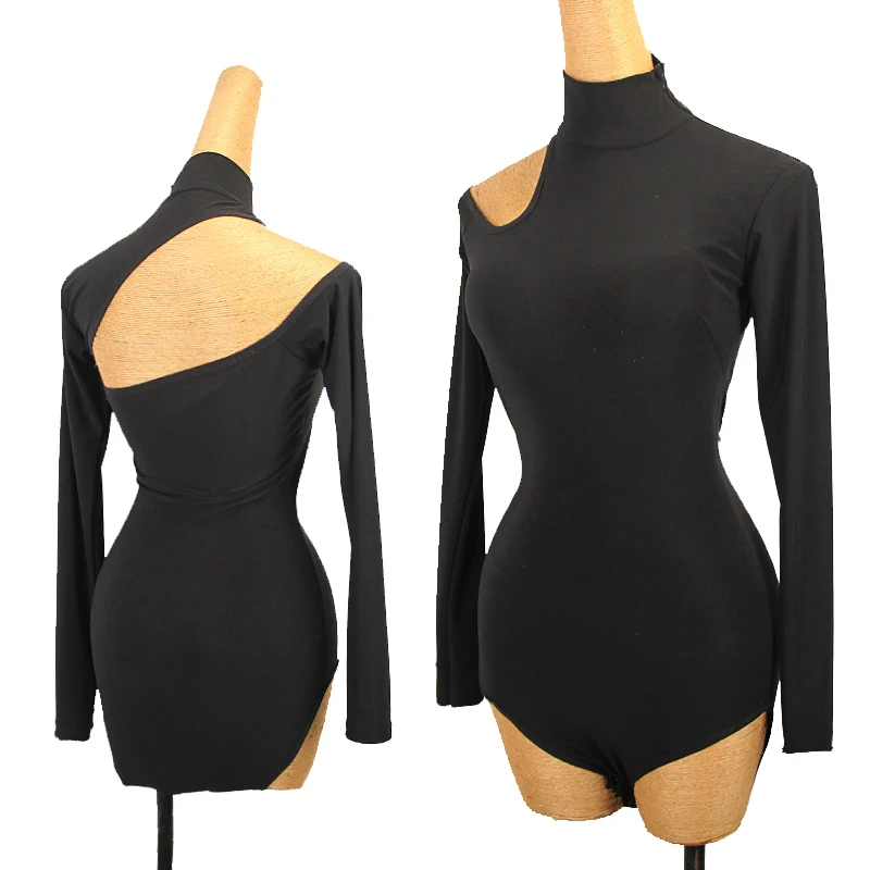 

Новинка топы для латиноамериканских танцев для женщин с длинным рукавом с высоким воротником Черный боди Бальный Танец Румба одежда для тренировок с открытой спиной DNV17261