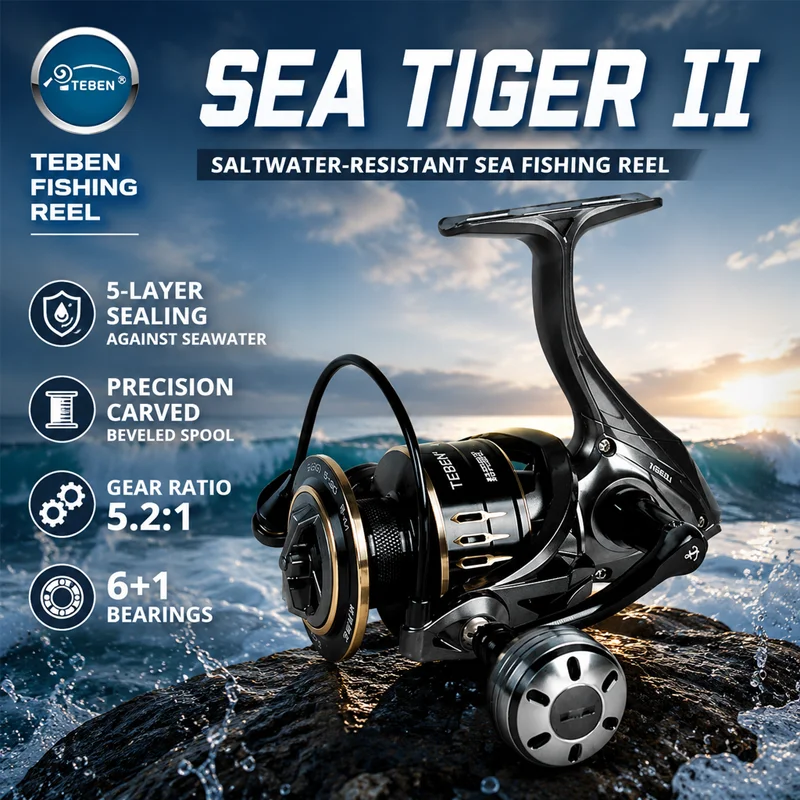 Фото Спиннинговая катушка TEBEN Sea Tiger II, устойчивая к соленой воде, коррозионностойкая, с мощным тормозом, двойной направляющей и подшипником из нержавеющей стали. №3