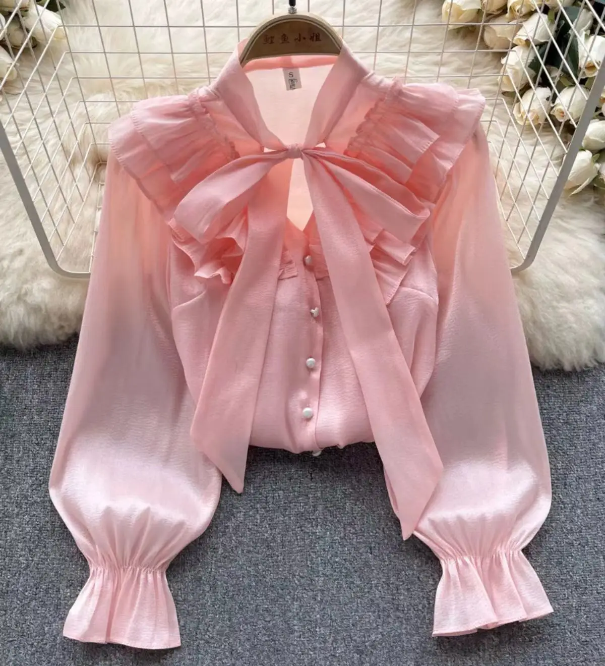 

Bow Sweet Lace Up Loose Blouse Shirt For Women 2023 Ruffles Long Sleeves Autumn Shirt Office Lady Korean Elegant Top 2023
