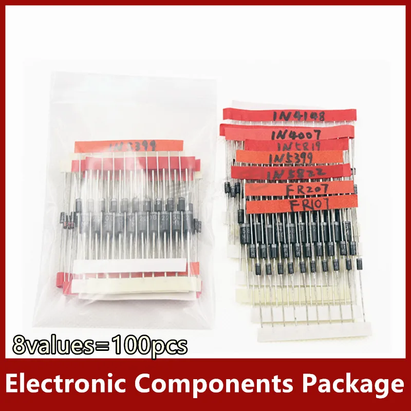 

8values=100pcs Electronic Components Package Diode Assorted Kit 1N4148 1N4007 1N5819 1N5399 1N5408 1N5822 FR107 FR207 New