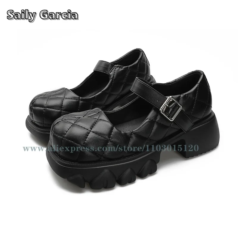 Туфли-лодочки женские из натуральной кожи на толстой подошве с ремешком пряжкой