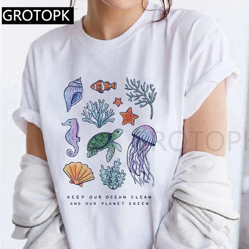 

Harajuku Keep Our Ocean Clean and Our Planet Green T Shirt Summer Casual Womens Clothes Short Sleeve T-shirts Tops