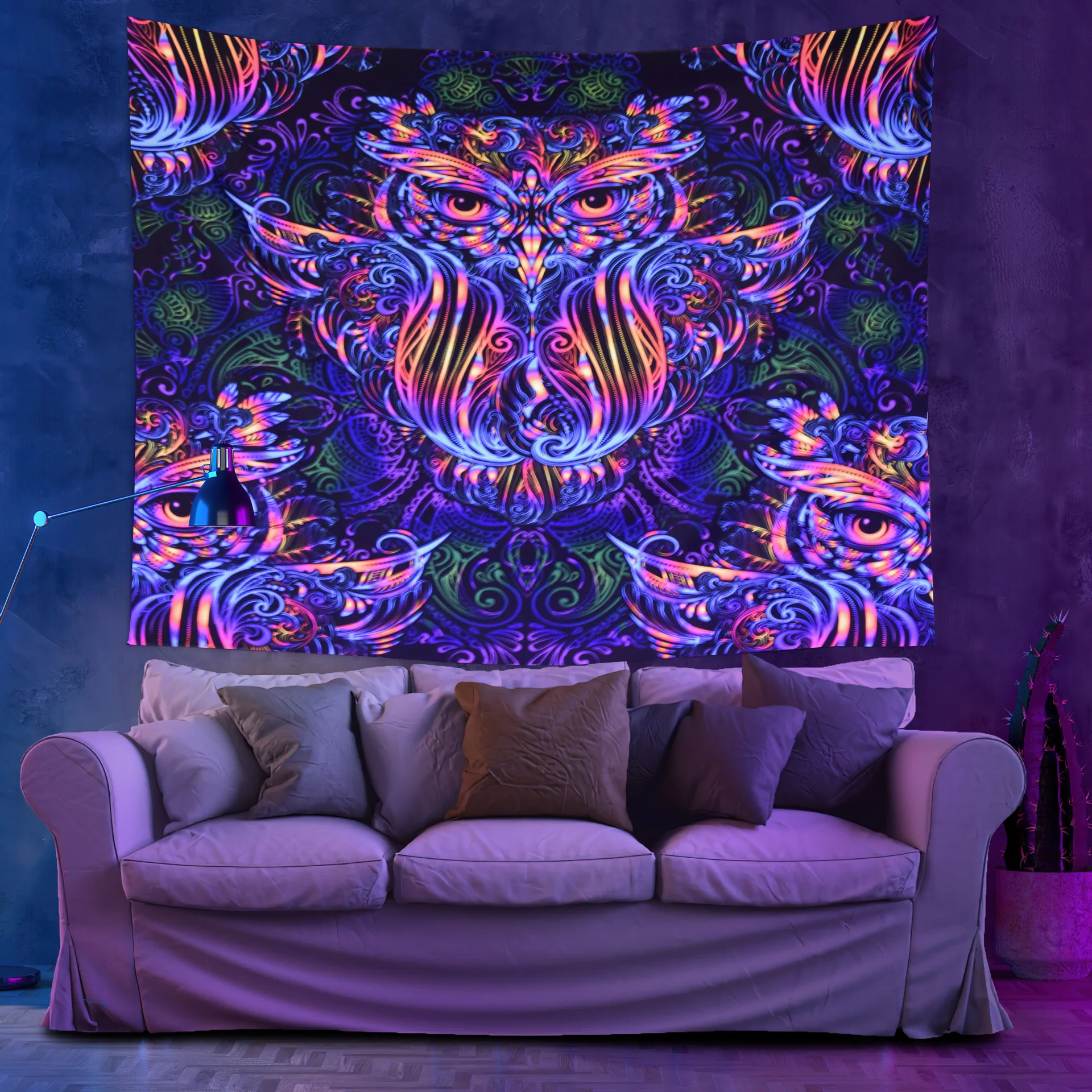 Темно-Синий флуоресцентный черный гобелен Волк тигр лев Сова художественный