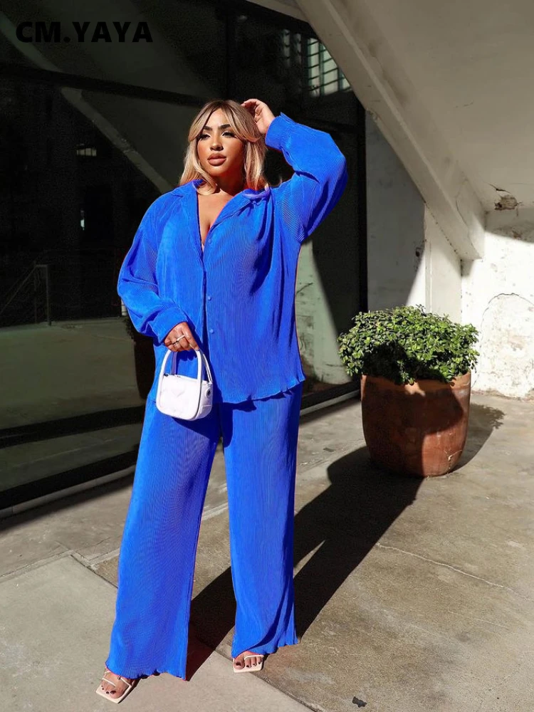 

Женский комплект рубашка с длинным рукавом CM.YAYA, свободные брюки с широкими штанинами, повседневный спортивный костюм, плиссированный комп...