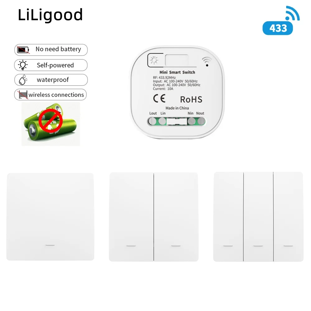 

LiLigood RR433 Wireless Wall Light Switch 1/2/3gang on off Switch No battery/wiring Self-powered waterproof Home DIY Switch 10 A