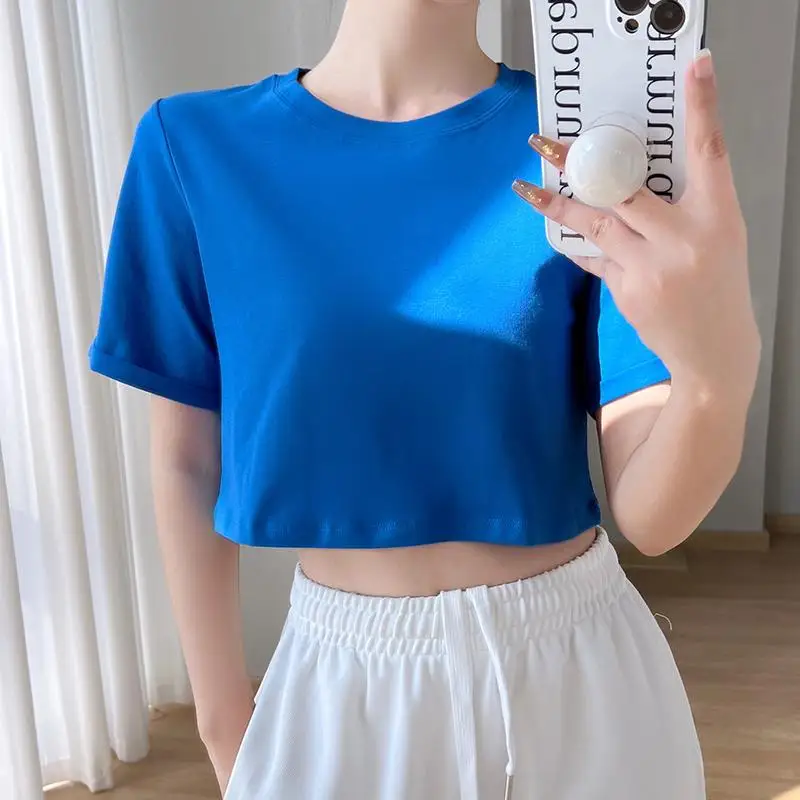 

Кроп-Топ женский хлопковый свободного покроя с круглым вырезом и коротким рукавом