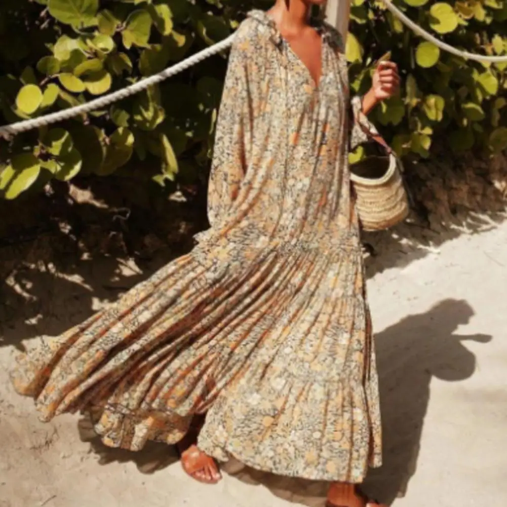 

Bohemia Floral Print Vintage Long Dress Chic Simple Ankle-Length Casual Dress Chic Long Sleeve Anti-pilling High Waist Dress