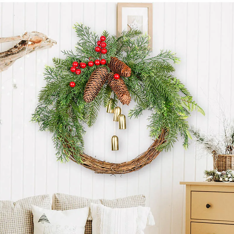 

Рождественский венок из ротанга, имитация сосны, ветки, ягоды и сосновые конусы, рождественские украшения для дома, 2023, товары для вечеринок,...