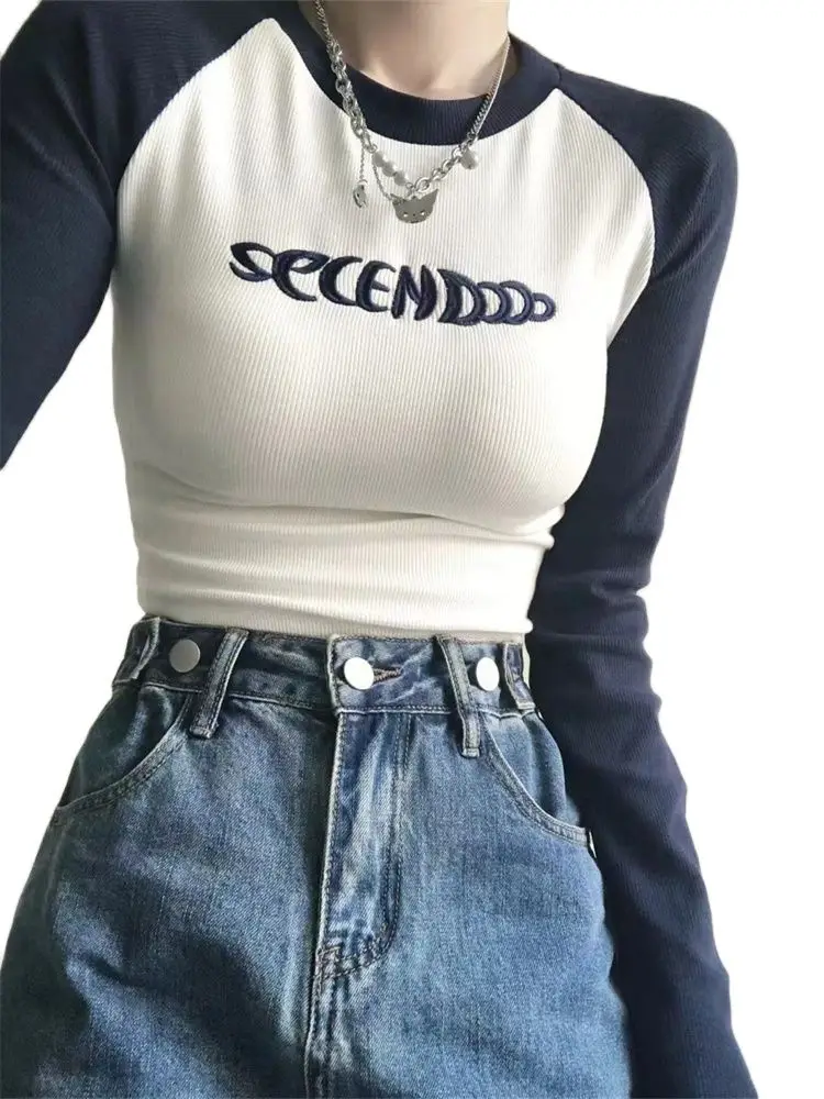 

JIERAN T-Shirt Women Spring Long Sleeve Patchwork Tops Fashion Retro Contrast Color Crop Top Hot Girl Skinny Tees