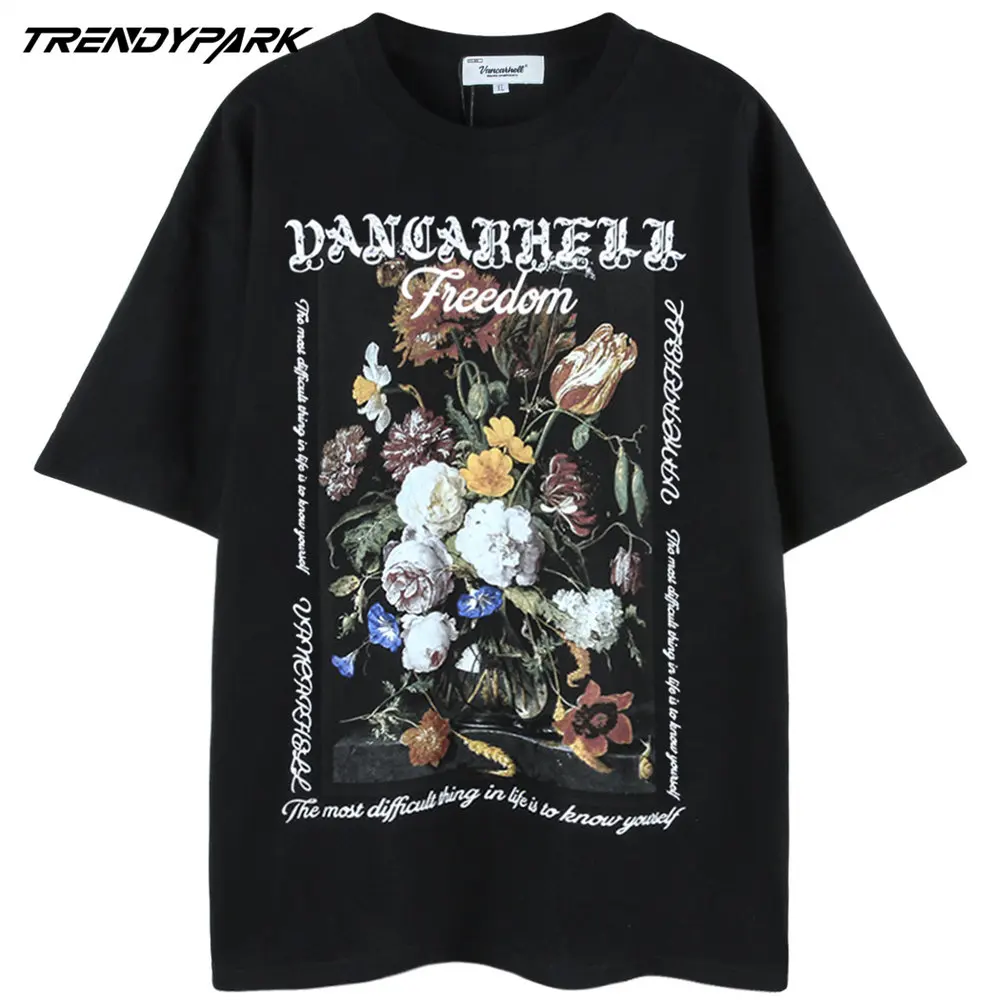 

Oversized T-shirt Oil Painting Flowers Goth Punk O-neck Cotton T-shirts 2022 Harajuku Streetwear Casual Hip Hop T Shirt for Men