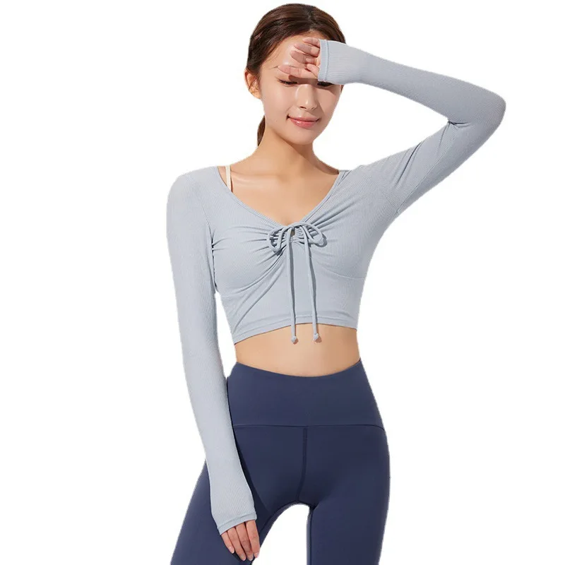 Sport Tops Women Fitness Jersey Gym Long Sleeve Breathable Yoga Crop Top Female Drawstring Running Workout Tops