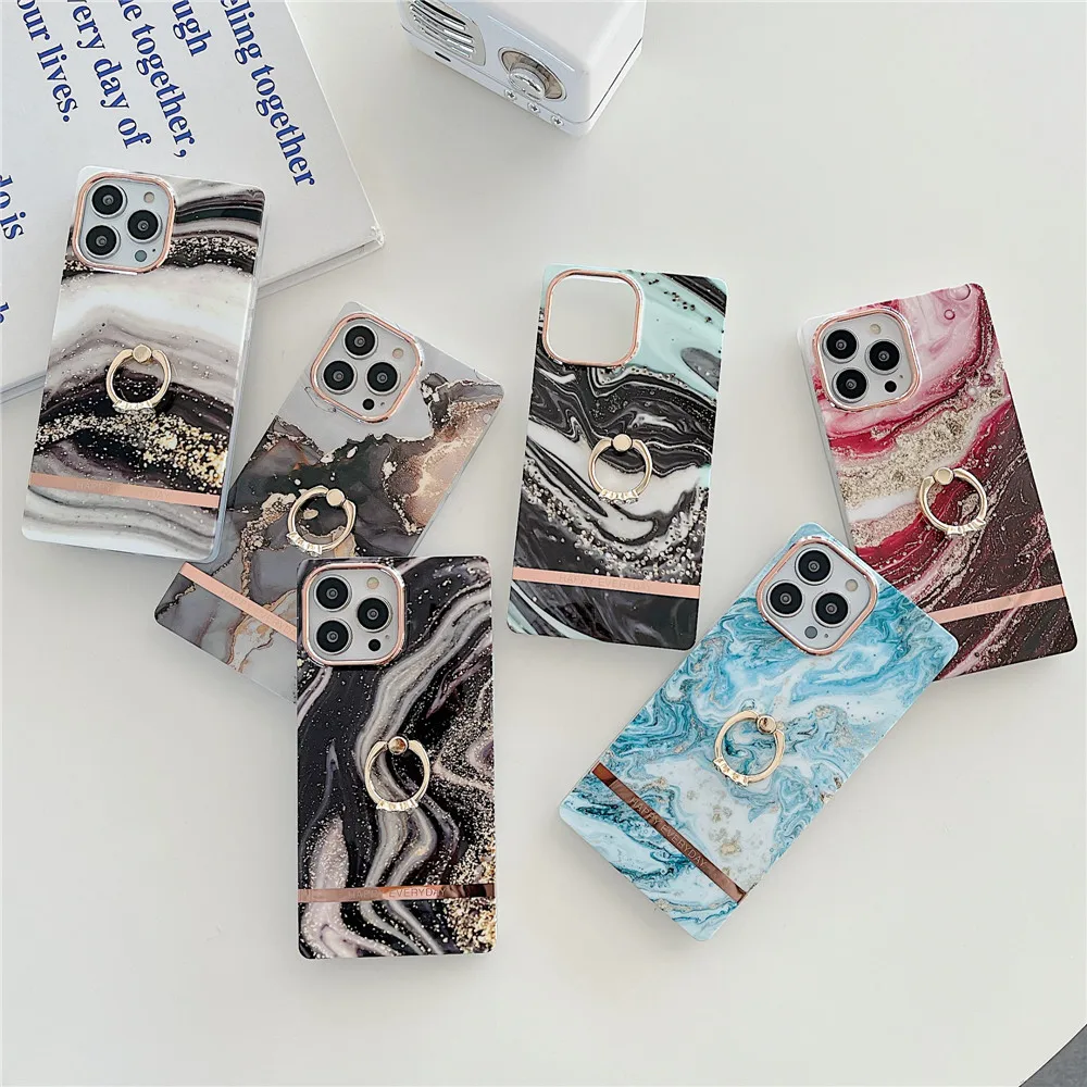 

Square Frame Ring Holder Marble Phone Case For iphone 11 13 12 Pro Max Stand Finger Bracket Cover Armor Shockproof Bumper Fundas