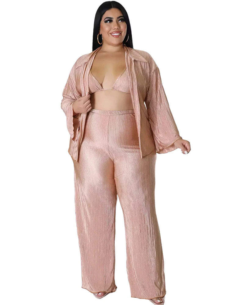 

5XL Plus Size Sets Women Clothes Solid Pleated Tops High Waist Pant Suits With Bra Fashion New Loose Casual Homewear Outfits Set