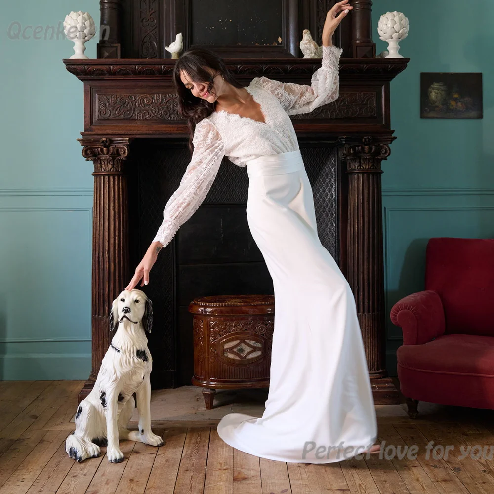 Qcenkeren Свадебное платье с V-образным вырезом и длинным рукавом женские прямые