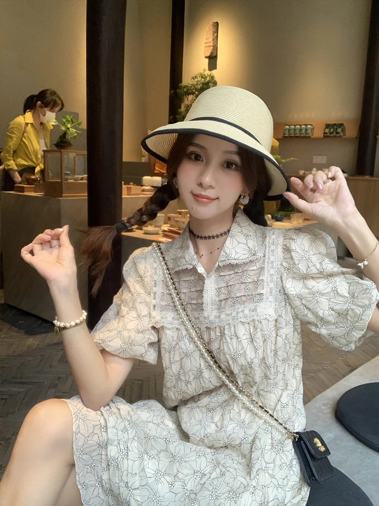 

Sweet Lace Collar Short Bubble Sleeve Female Elegant Sexy Ruffle Printed Midi Long Dresses A-line Sundress For Women