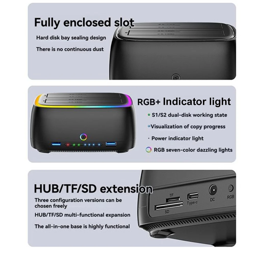 Док-станция RGB с двумя отсеками для жесткого диска, адаптер SATA-USB 3.0 для корпуса жесткого диска 2,53,5 дюйма, автономный клонированный корпус одним щелчком мыши (art.: 3920d4af77082) - 3920d4af77082