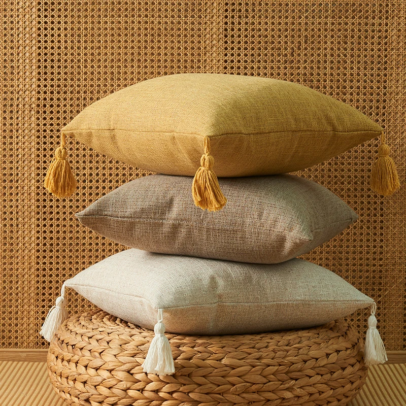 

Solid Plain Linen Cotton Pillow Cover With Tassels Yellow Beige Home Decor Cushion Cover 45x45cm Pillow Case Sofa Throw Pillow