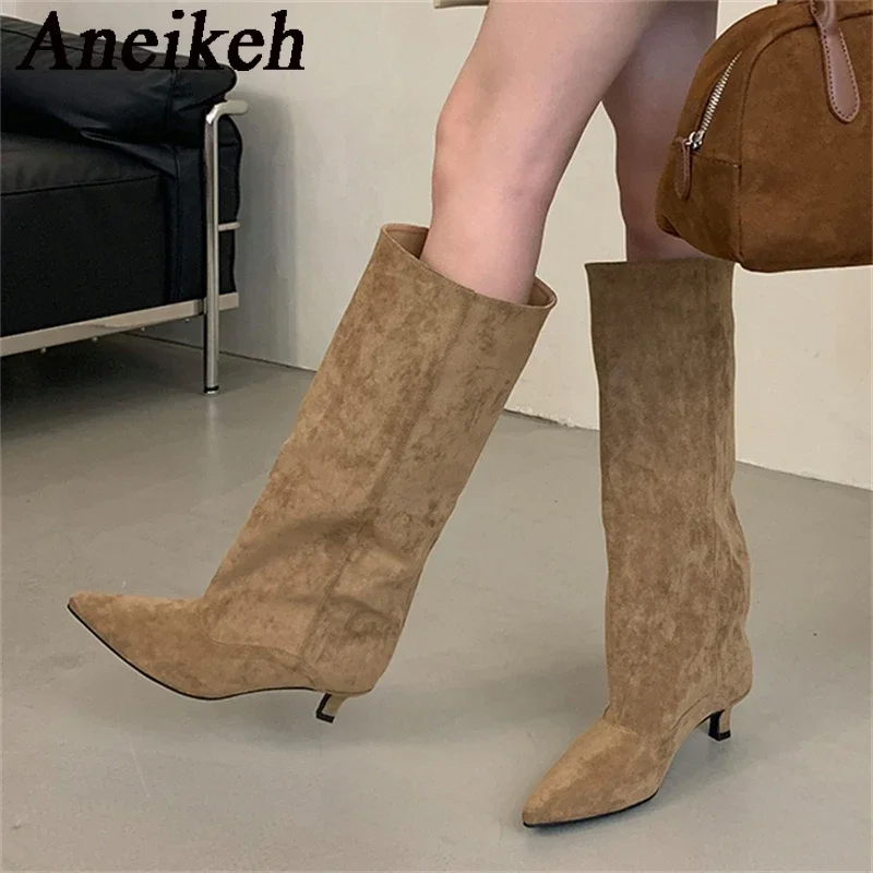 Aneikeh, осенне-зимние сапоги до колена с острым носком, женская обувь, трендовые дизайнерские винтажные туфли 2025, современные туфли на тонком низком каблуке (art.: 3920ca52ffb23) - 3920ca52ffb23