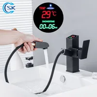 Digital Display Pull Out Bathroom Basin Sink Faucet Hot Cold Water Mixer Tap Black Faucets Crane One Hole Tall Bathroom Faucet