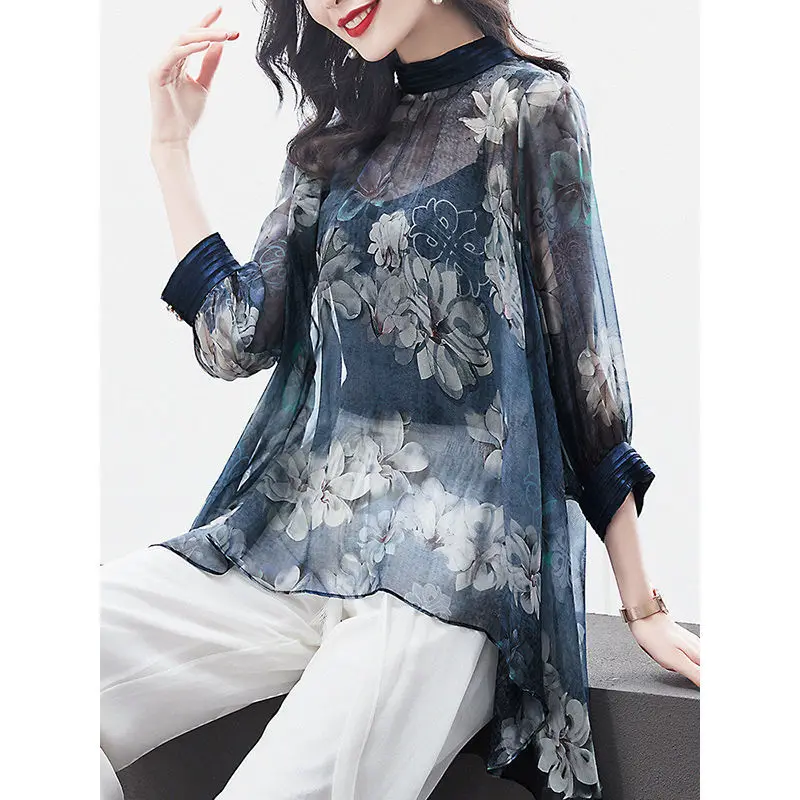 

Blouse female top female seven -point sleeve 2022 spring o neck high -end mulberry silk printing fashion casual blouse female
