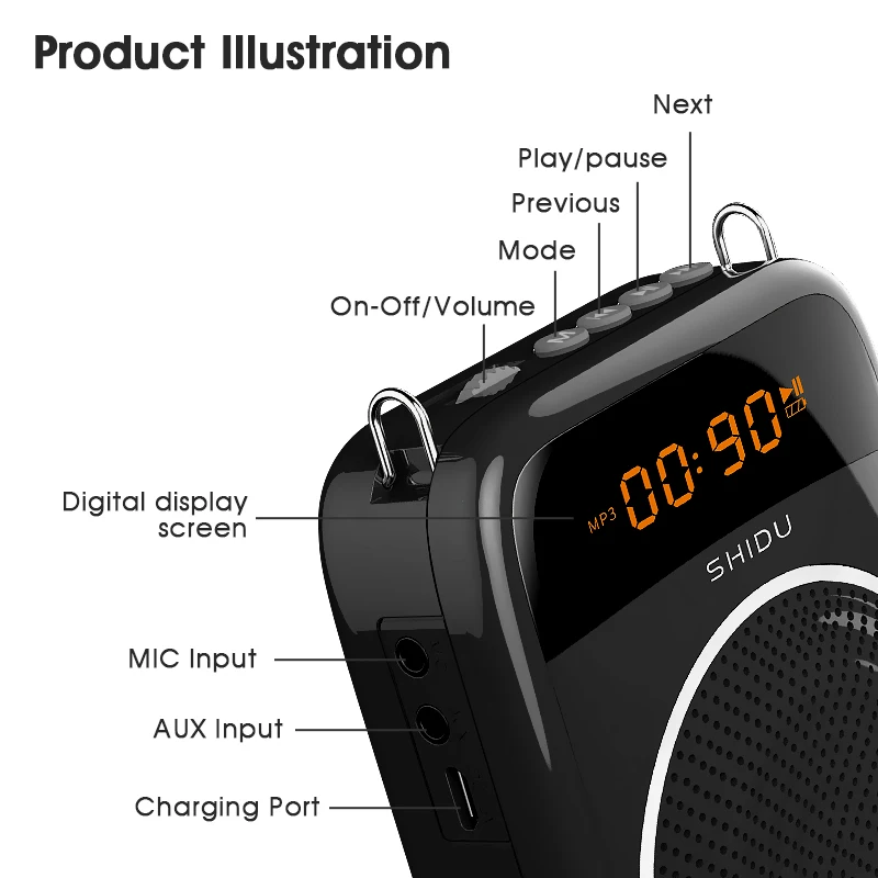 Фото Портативный Bluetooth-усилитель голоса SHIDU для учителей с проводным микрофоном, AUX, записью MP3, HiFi-динамиками и оригинальным звуком №2