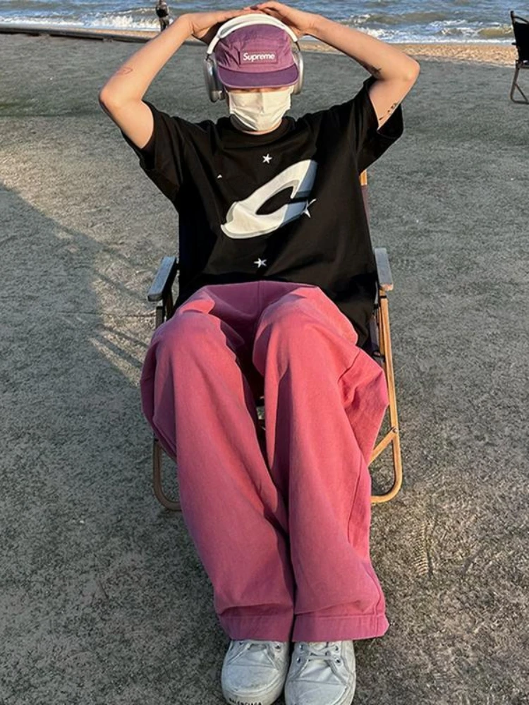 HOUZHOU Korean Hippie Streetwear Baggy Cargo Jeans Women Kpop Harajuku Oversize Wide Leg Denim Pants Vintage Loose Solid Trouser