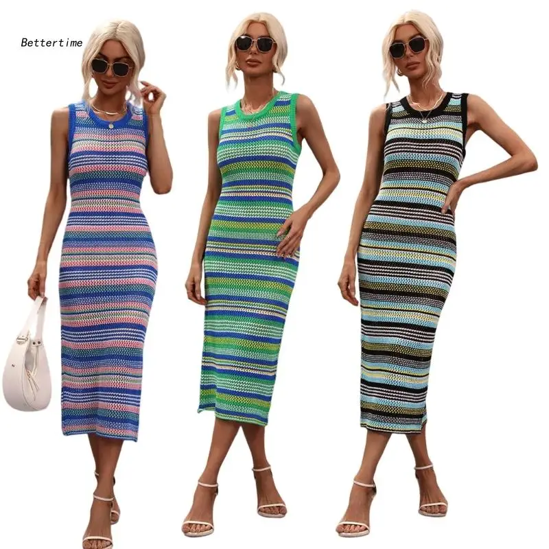 

B36D Women Long Basic Bodycon Midi Dress Crewneck A-Line Casual Summer Top Vest Dress
