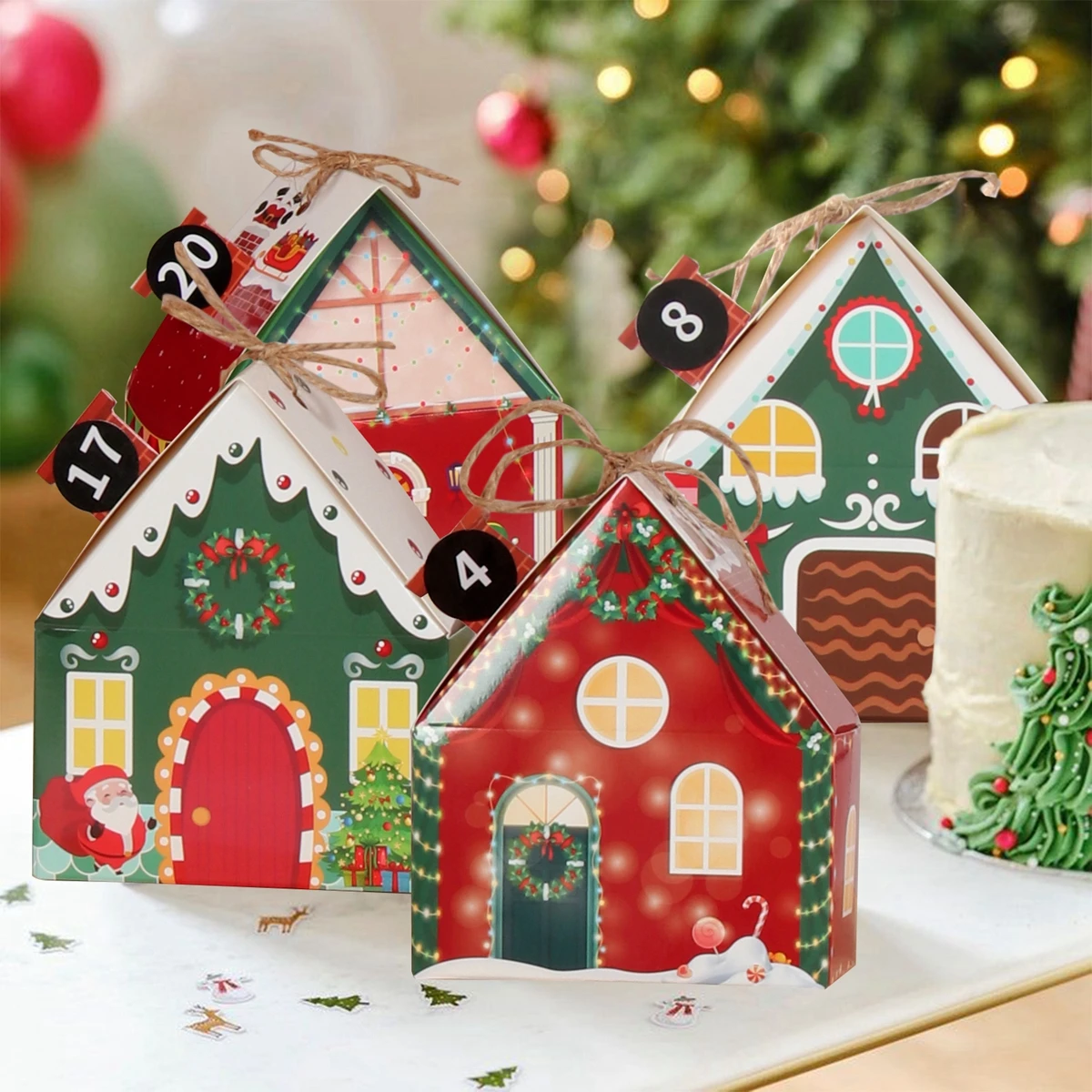 House Shape Kraft Paper Candy Cookie Bag Packaging Boxes Christmas Tree Pendant New Year 2024 Gift