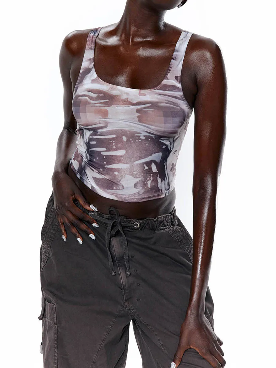 

Женский укороченный жилет без рукавов, облегающий укороченный топ с U-образным вырезом и искусственным Мозаичным принтом в пупок, летняя ул...