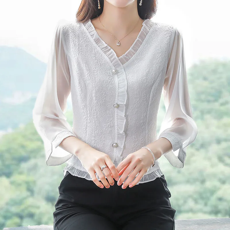 Шифоновая однотонная блузка с рукавом 3/4 летняя новая кружевная свободная