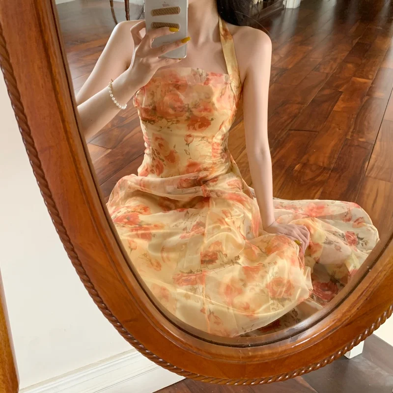 

French Vintage Dress Women Elegant Backless Floral Halter Neck Midi Dress Summer Chiffon Holiday Beach Dresses for Women 2022