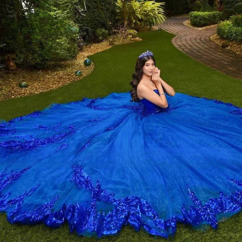 LIYYLHQ Королевский синий платье Quinceanera Принцесса милое бальное кружево блестки