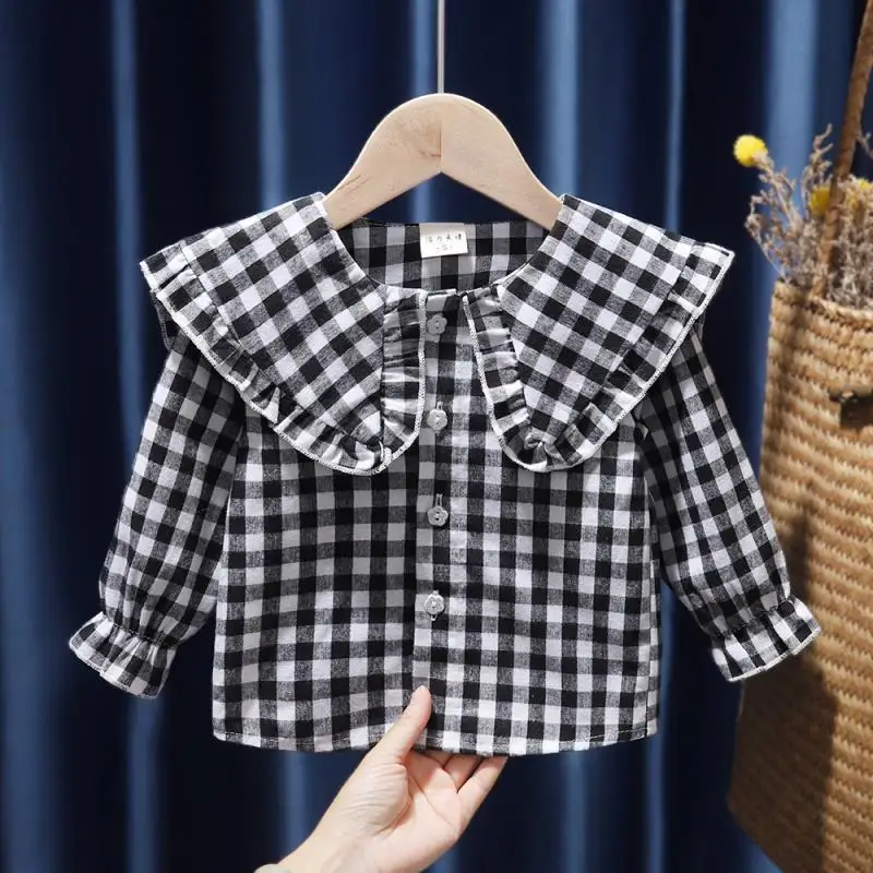 

Модная блузка для маленьких девочек, хлопковые рубашки, рубашка в клетку с длинным рукавом, весна-осень, топы с отложным воротником для малы...
