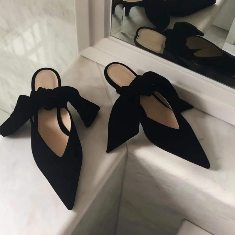 

French Silk Tie Bow Sandals 2022 New Low-heeled Shoes Pointed Stilettos
