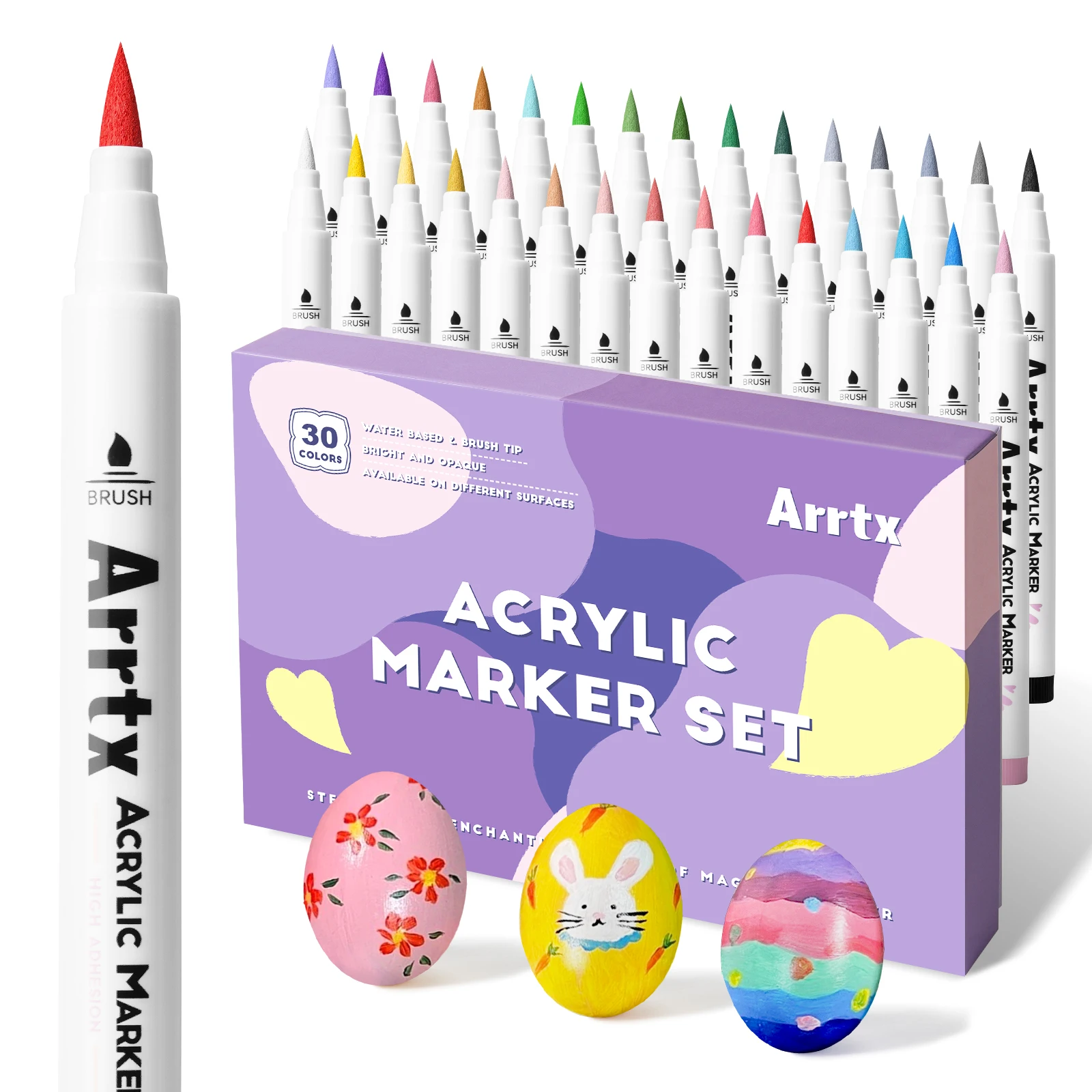 Arrtx 30 Pastel Colors Acrylic Brush Marker Paint Pens Available On Rock Glass Canvas Metal Ceramic Mug Wood Plastic Easter Egg |