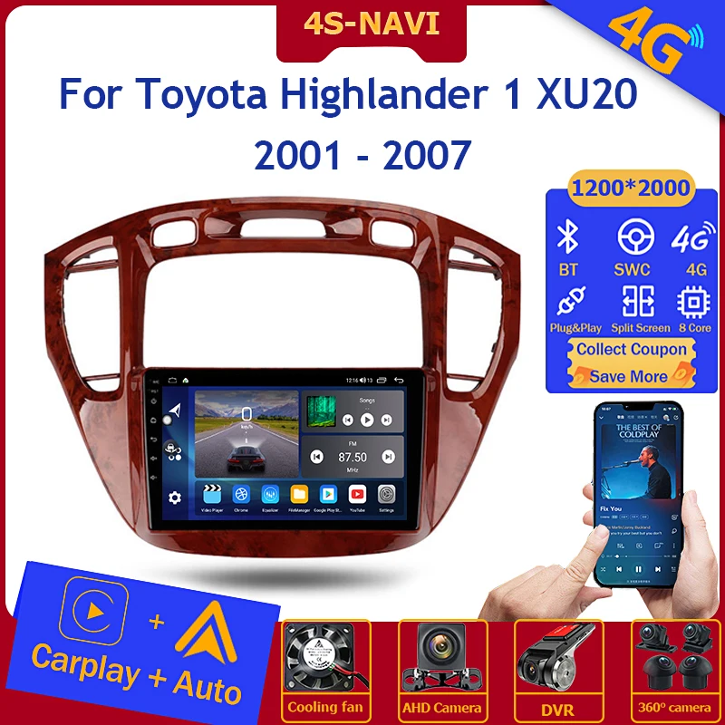 

Автомагнитола на Android, мультимедийный плеер с монитором для Toyota Highlander 1 XU20 2001-2007, навигация GPS, головное устройство Carplay, Wi-Fi