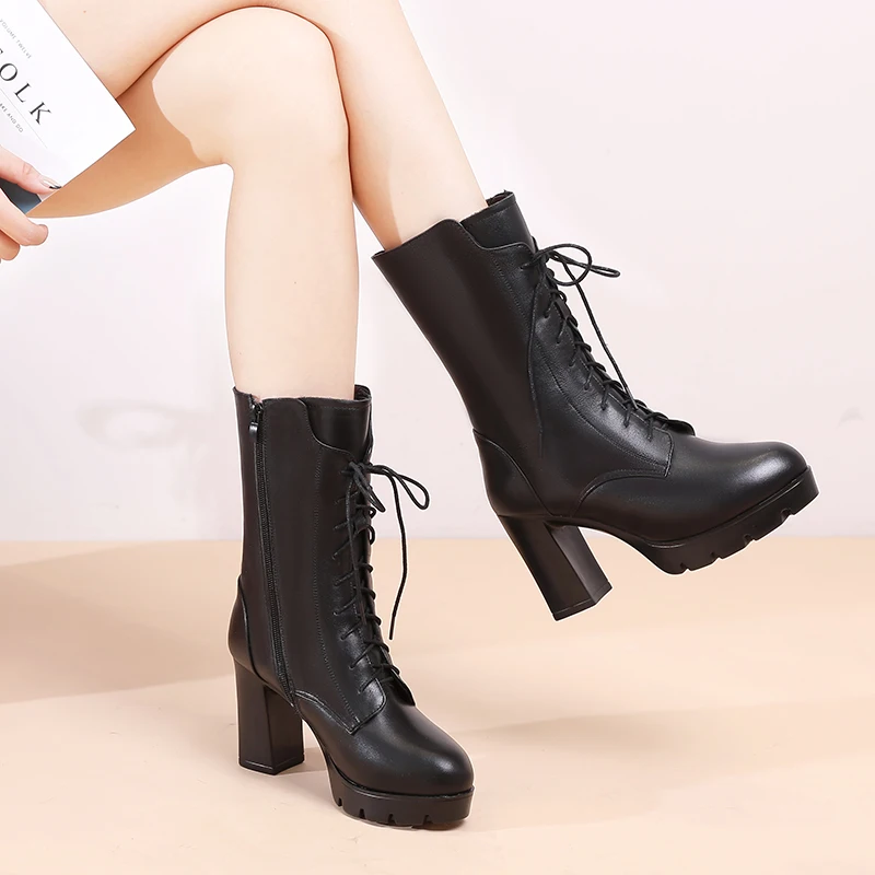 AIYUQI Women Winter Boots Genuine Leather 2023 New High Heel Mid Boots Women Natural Wool Warm Platform Women Boots
