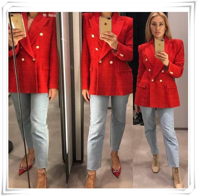 Женский двубортный приталенный Блейзер винтажный пиджак из твида в клетку с