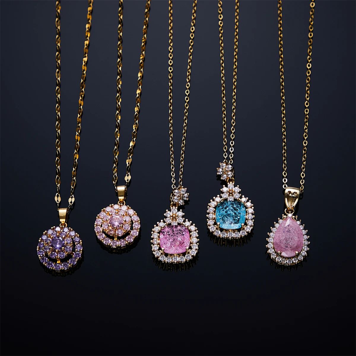 

Y2K Purple Crystal Waterdrop Pendant Necklace Women Blling Pink Crystal Punk Stainless Steel Clavicle Chain Necklace Jewelry