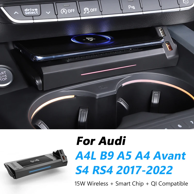 For Audi A4 Avant A4L B9 A5 S4 RS4 2017-2022 Mobile Phone Car QI Wireless Charger Cigarette Lighter Installation Accessories 15W