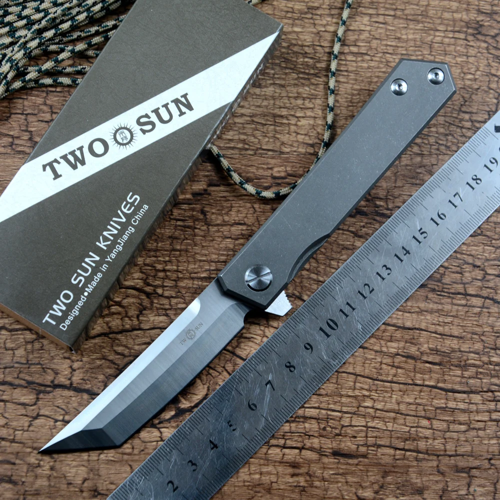 TWOSUN TS20 D2 Tanto Blade TC4 Titanium Handle Utility Survival Outdoor Hunting Pocket Knives Fast Open