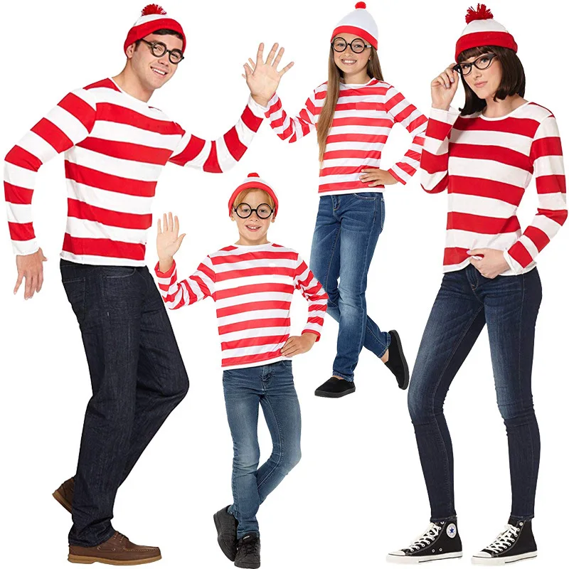 

Костюм для взрослых и детей, унисекс, костюм на Хэллоуин Wally Cosplay, красно-белая полосатая футболка, костюм, наряд с очками, шляпа