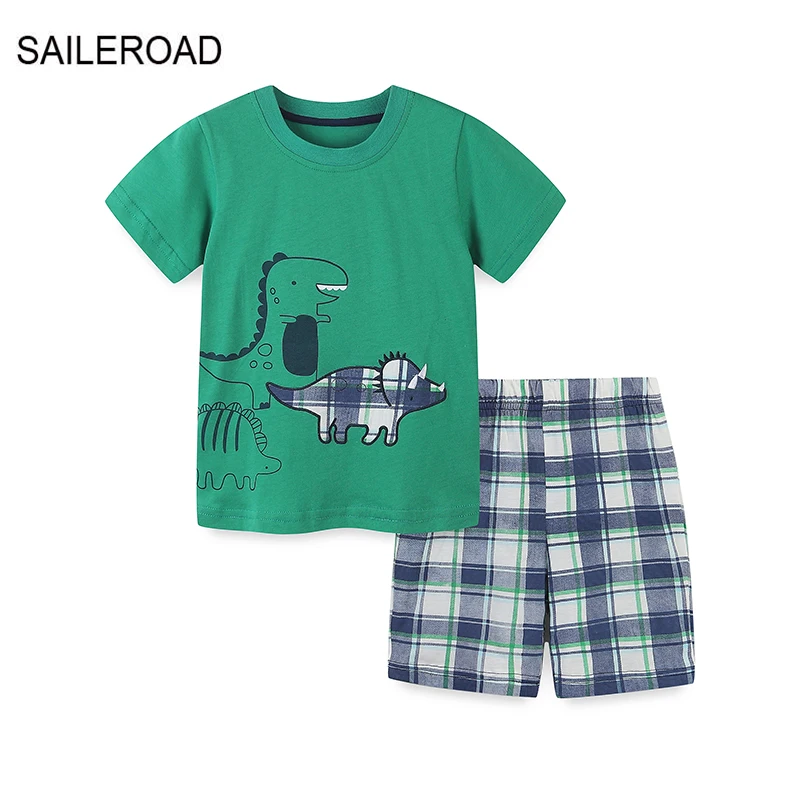 

SAILEROAD Summer Children's Clothes Boy Cartoon Dinosaur T shirts+Pants Kids Short Sleeves Clothing Set Teens Tracksuit