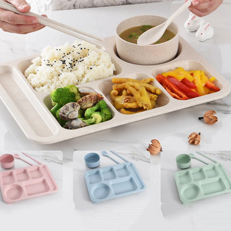 

2022 NEW Dinner Plate Wheat Straw Fast Food Plate Divided Grid Student Adult Canteen Plate Thickened with Cutlery Set