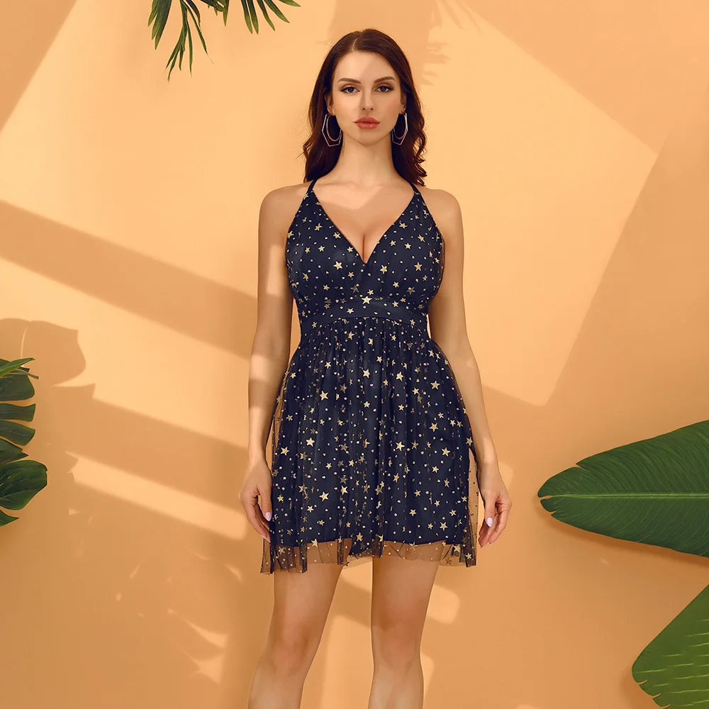 

Sexy Backless Dress Women Star Shape Sequined Spaghetti Straps Blue Dress Off Shoulder Mini Dress Party Club V Neck Dresses