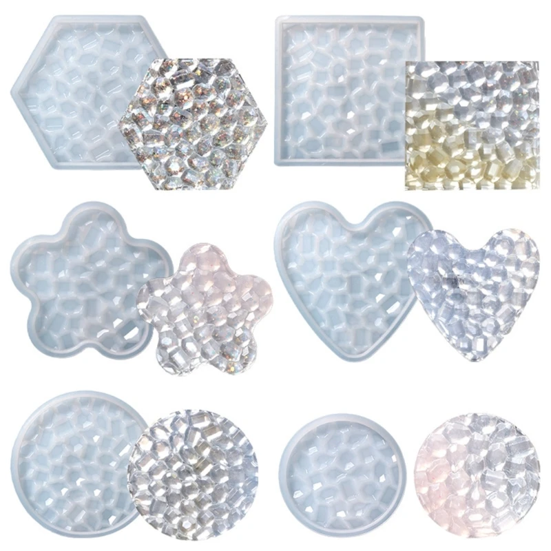 

1/6Pcs Diamond Bottom Coaster Mold Flower Heart Round Shape Epoxy Cup Mat Molds with Diamond Bottom Resin Tray Mold